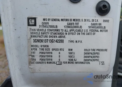 2003 Chevrolet Avalanche 1500 z USA, uszkodzony, nr VIN 3GNEK13T13G142280